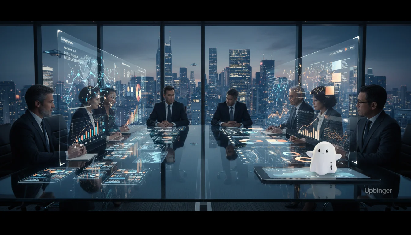 A futuristic executive boardroom with leaders reviewing holographic analytics that represent AI search visibility, growth, and enterprise investment strategy.