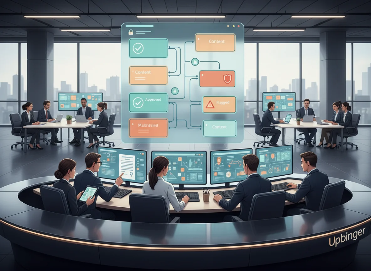 Illustrated enterprise control room where diverse marketing, legal, and brand leaders oversee AI-generated content flowing through approval stages, symbolizing governance, brand safety, and multi-team control at scale.
