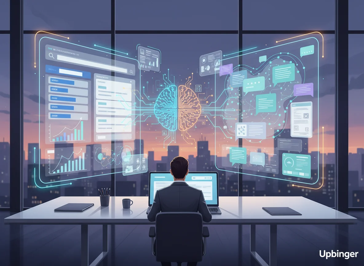 Futuristic office scene where a strategist works at a desk surrounded by holographic search results and AI answer interfaces connected by an abstract glowing AI brain, representing AI-driven SEO and AI answer engine optimization.