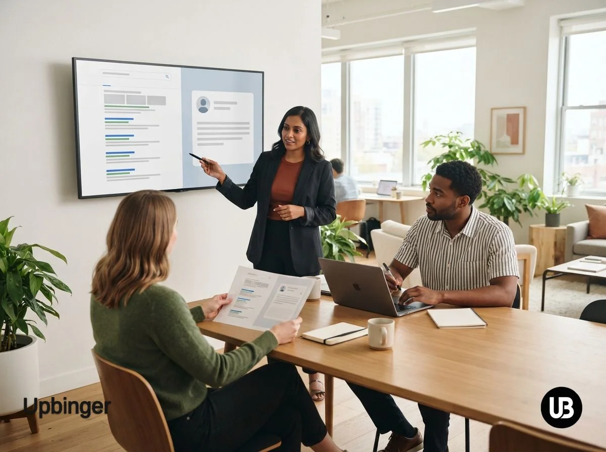Marketing team in a modern office comparing a traditional search results layout and an AI-style answer layout on a large screen, illustrating the difference between SEO and AI engine optimization.