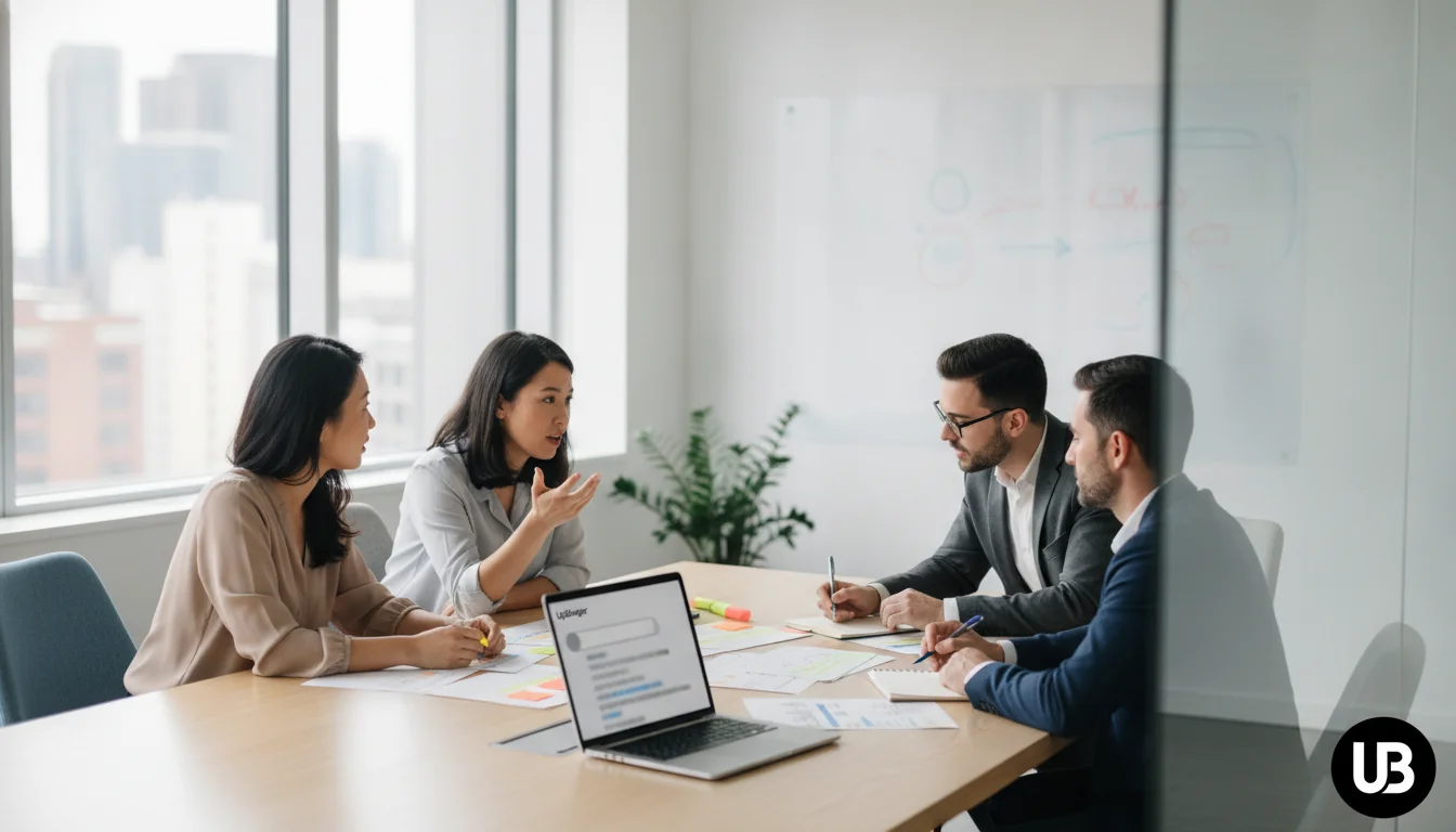 Marketing team in a bright modern office gathered around a laptop, actively discussing printed content and notes as they plan conversational, AI-driven search strategies.