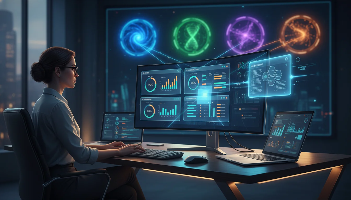Editorial illustration of a digital analyst comparing multiple AI content tools on large screens, with abstract AI answer engines feeding into a central glowing answer box.