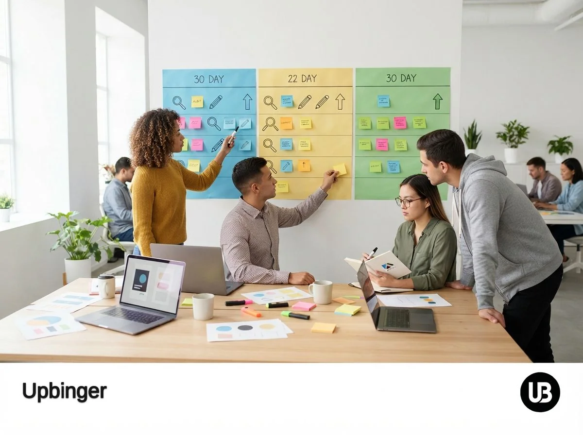 A small marketing team collaborates at a bright office table, using laptops, notes, and printouts that suggest AI-assisted SEO and content work.