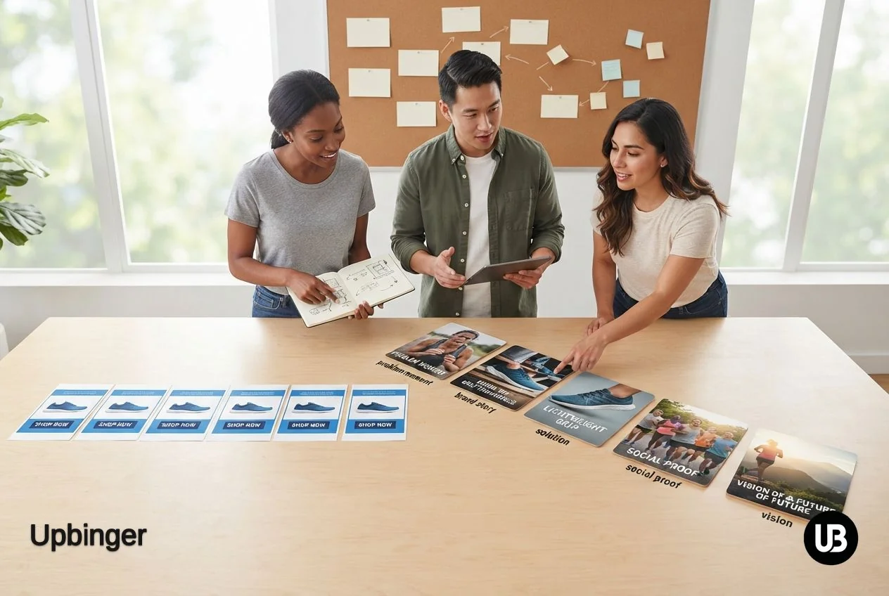 Marketing team comparing a straight row of repetitive ad concepts with a curved, evolving sequence of story-driven ads on a table, illustrating a narrative ad funnel versus a linear campaign.