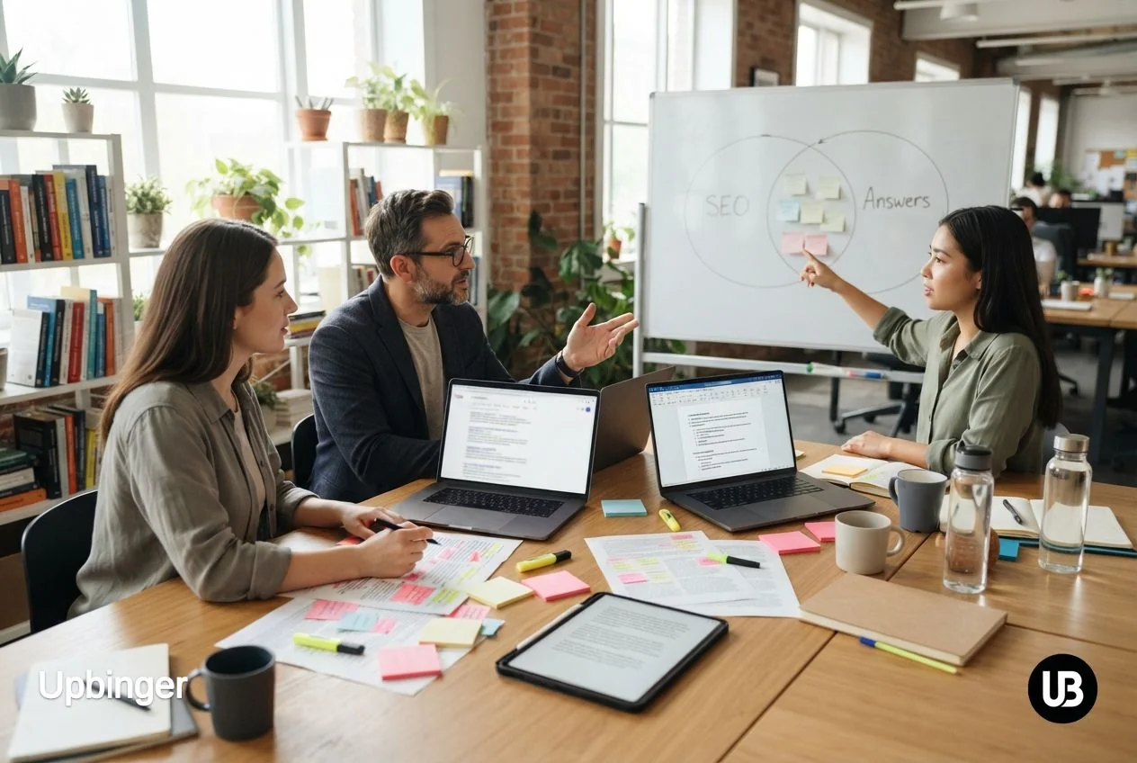 Content and SEO team collaborating around a table with laptops, printed drafts, and a whiteboard diagram showing overlap between SEO and answers, illustrating AI-supported content creation and answer-focused optimization.
