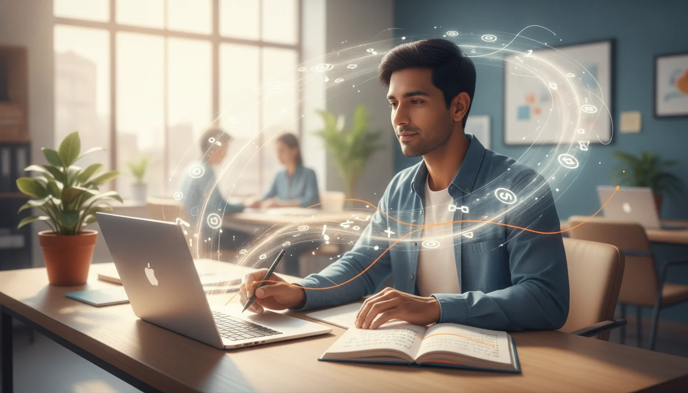 Content strategist at a modern desk collaborating with an abstract AI presence flowing from a laptop, symbolizing AI-assisted SEO writing that preserves a unique brand voice.