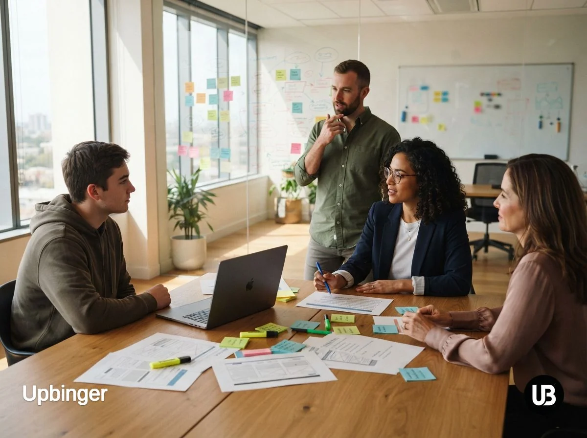 Marketing team in a bright modern office collaborating around a laptop and printed content outlines, symbolizing strategic use of generative AI for SEO in 2026.