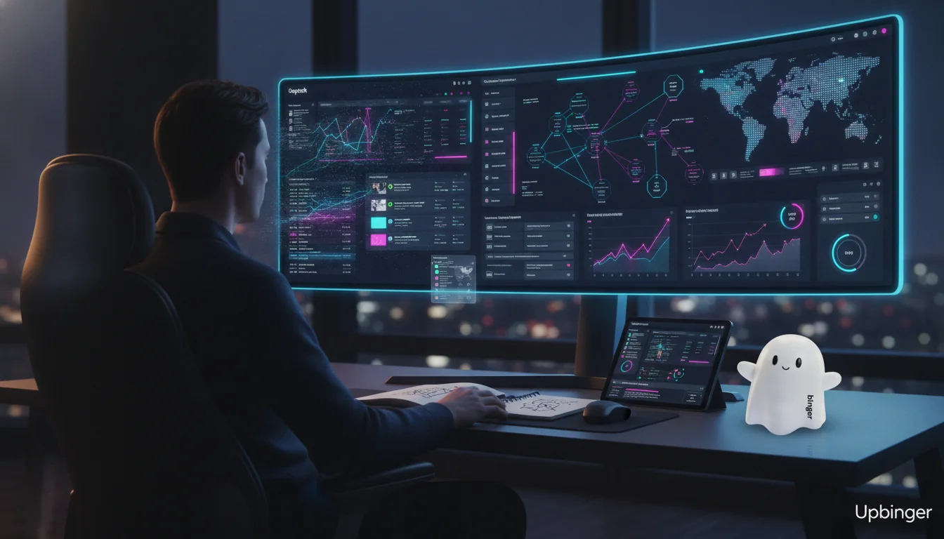 Futuristic workspace where a marketer studies an AI‑driven SEO dashboard filled with rising graphs, search data, and recommendation overlays, symbolizing how AI tools turn data into tactical search ranking improvements.