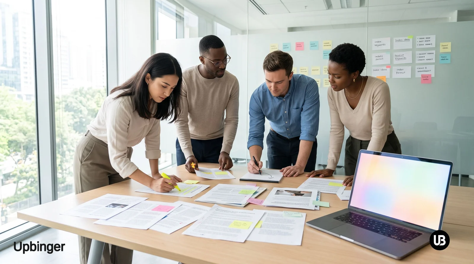 Content marketing team in a bright office reviewing printed articles and collaborating around a table, with a laptop nearby suggesting AI support for refreshing and repurposing existing content.