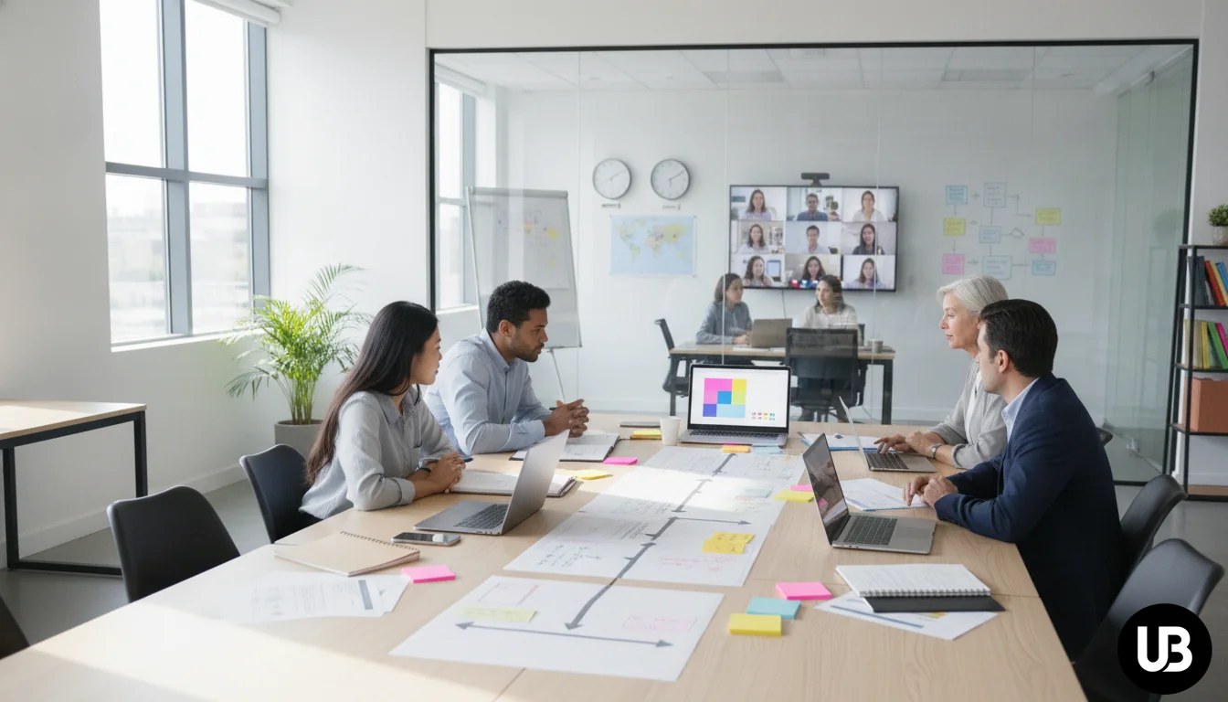 Global enterprise content team in a modern office using laptops, printed drafts, and a whiteboard to coordinate AI-assisted writing workflows across regions.
