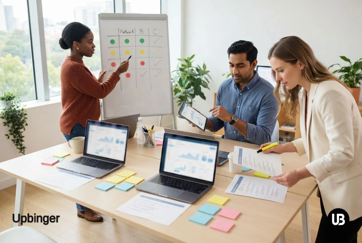 Marketing team in a bright meeting room quickly comparing multiple AI SEO tools using laptops, printed comparison sheets, and a simple matrix on a whiteboard.