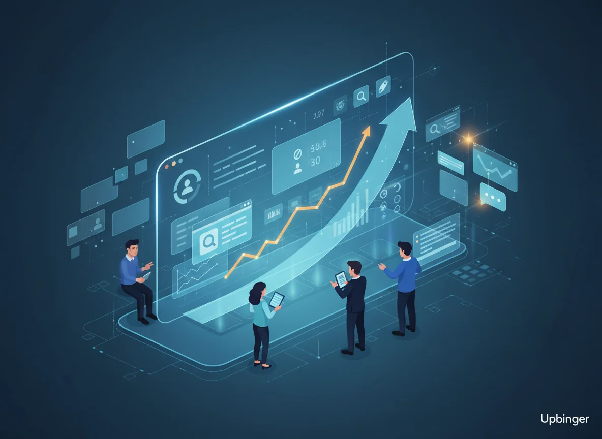 Editorial illustration of a marketing team using a content intelligence platform to reduce wasted effort, optimize pages faster, and drive stronger growth through search and AI visibility.