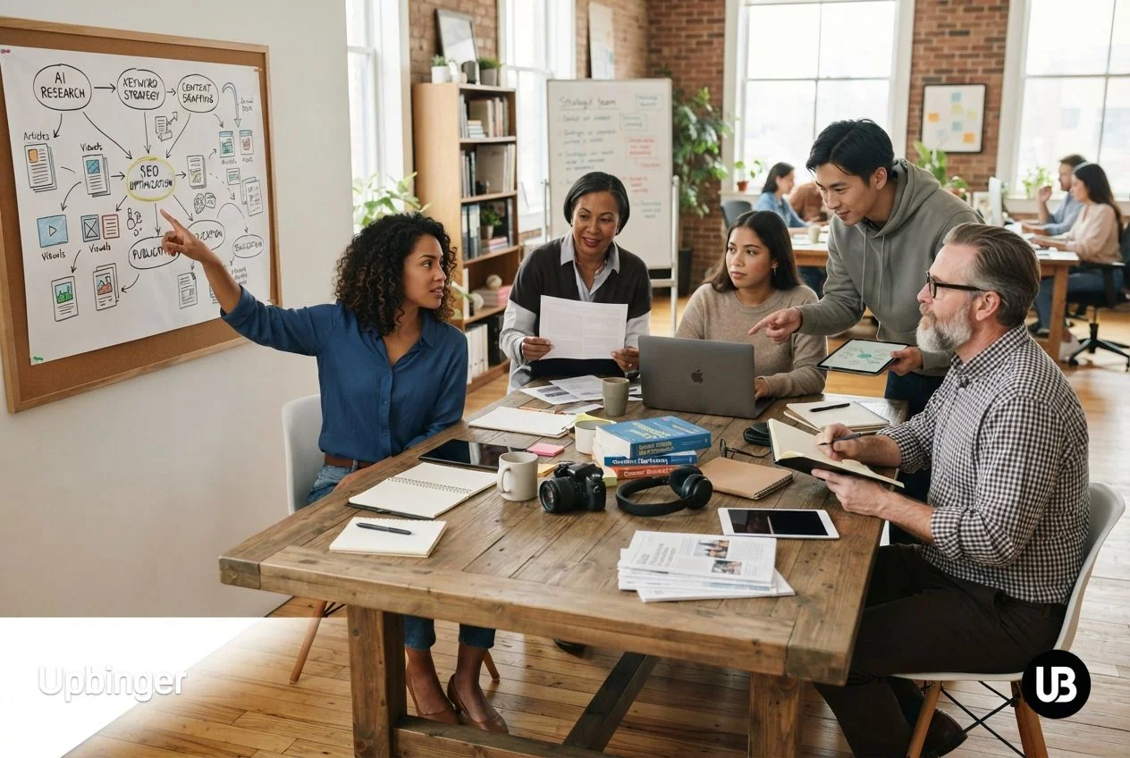 Marketing team in a bright modern office reworking their SEO content strategy with AI, gathered around a table with notes and a whiteboard showing a simple funnel diagram.
