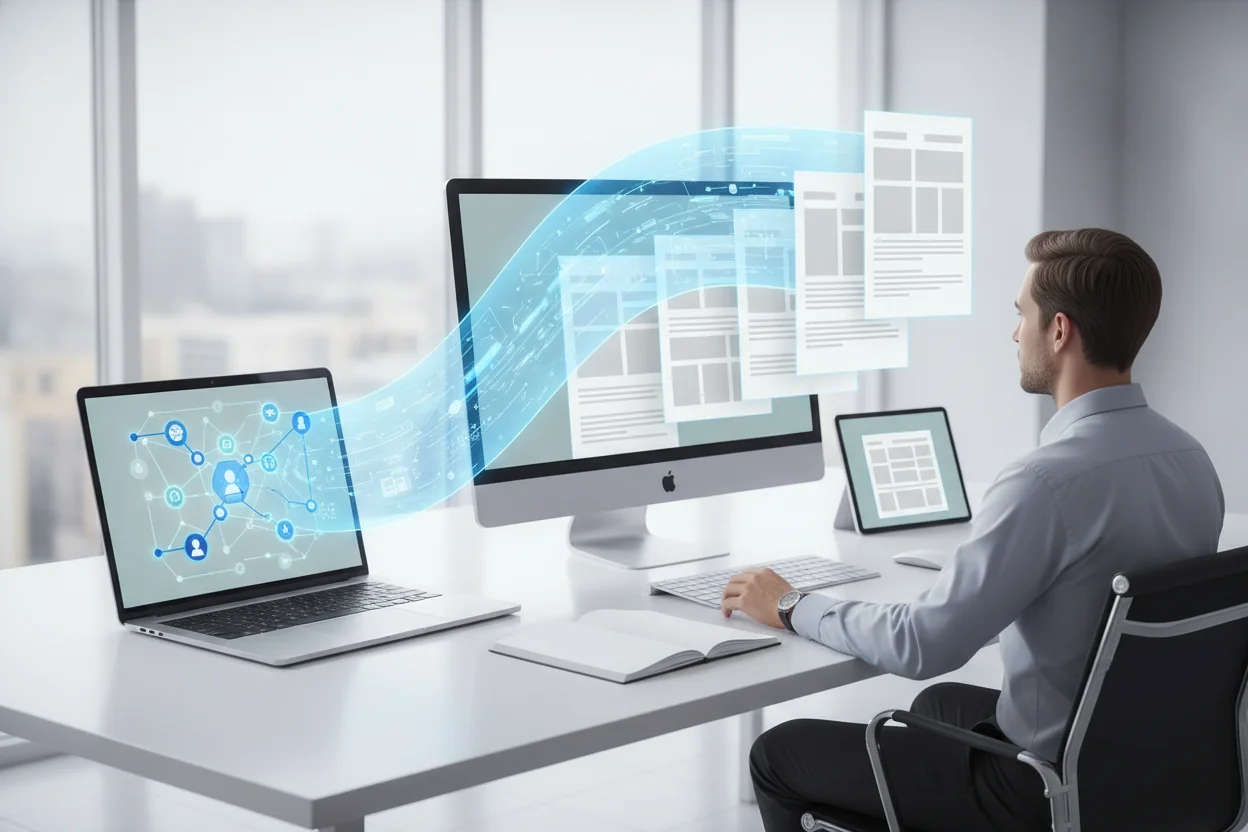 Illustrated scene of a strategist at a modern desk watching a glowing topic map on a laptop transform into many structured document pages on nearby screens, symbolizing AI scaling topic clusters into multiple SEO- and AEO-ready content briefs.