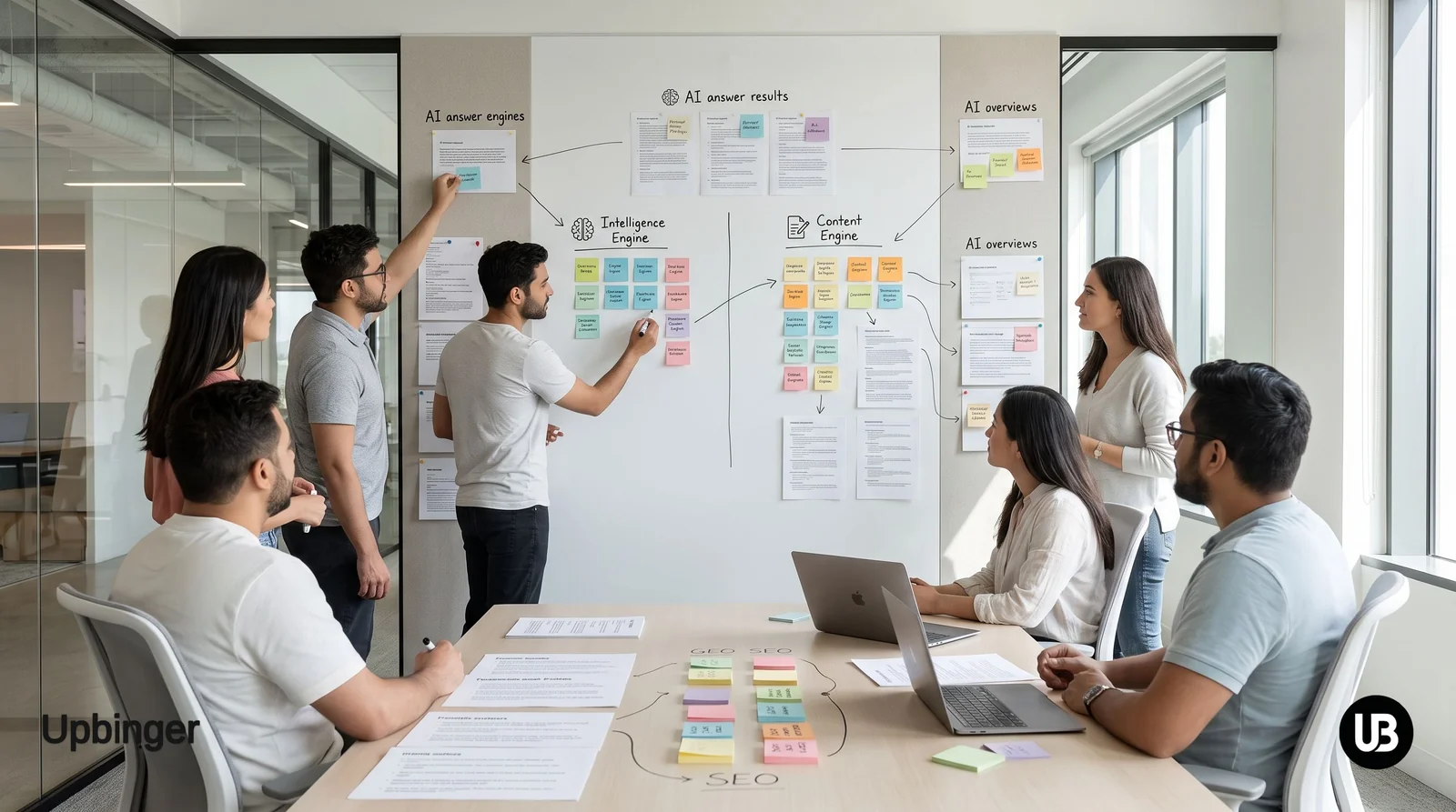 Marketing team in a bright modern office reviewing content strategy while a large screen shows an abstract AI-style answer box above traditional search results.