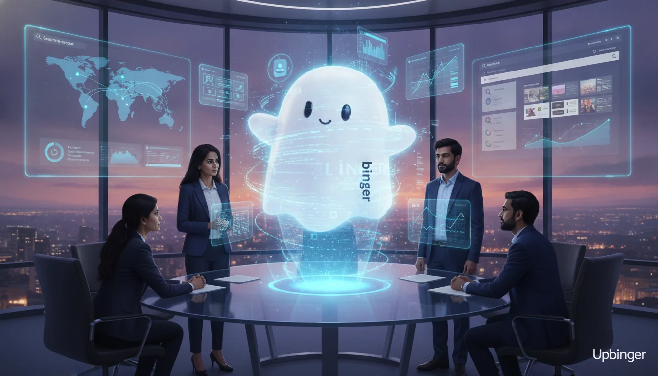 Enterprise SEO team in a modern office collaborating with a holographic AI agent surrounded by data panels and search analytics dashboards.