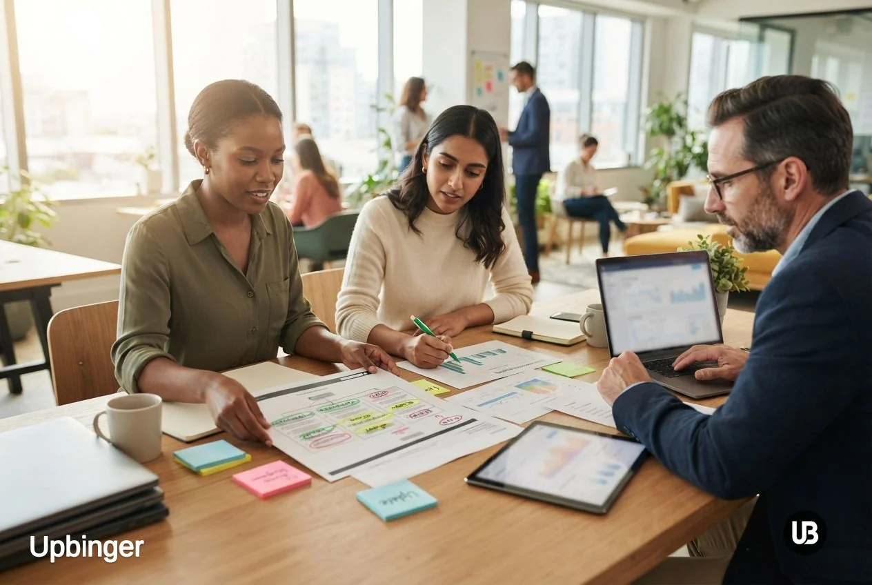 Marketing team reviewing printed website pages and performance summaries on a table, highlighting which URLs to update, consolidate, or retire as part of an AI-supported content audit.