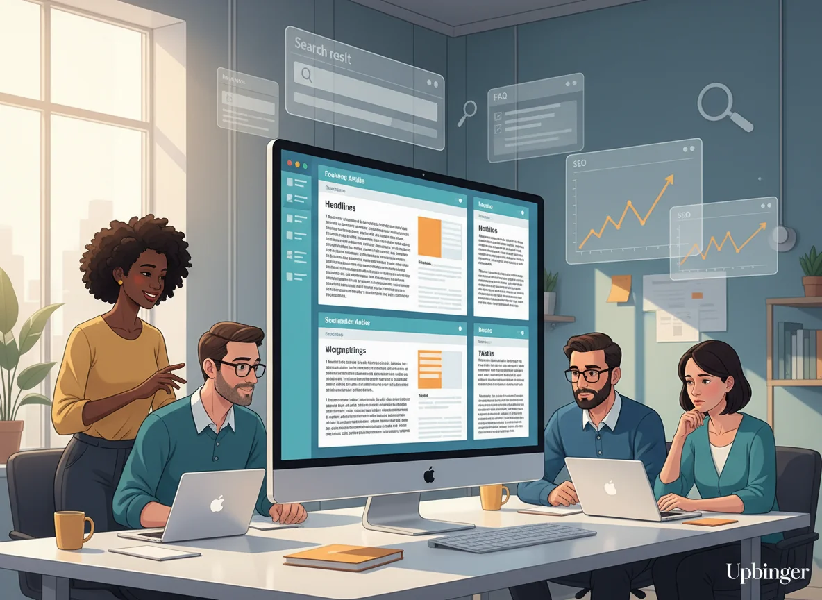 Illustrated scene of a content marketing team reviewing AI writing tools on a shared screen while SEO analytics charts float nearby, conveying strong writing quality but uneven SEO results.