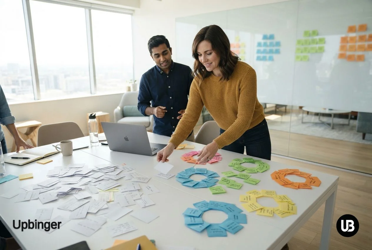 SEO team in a bright office organizing scattered keyword notes into neat, color-coded clusters on a table, symbolizing the transformation from keyword lists to strategic topic clusters.
