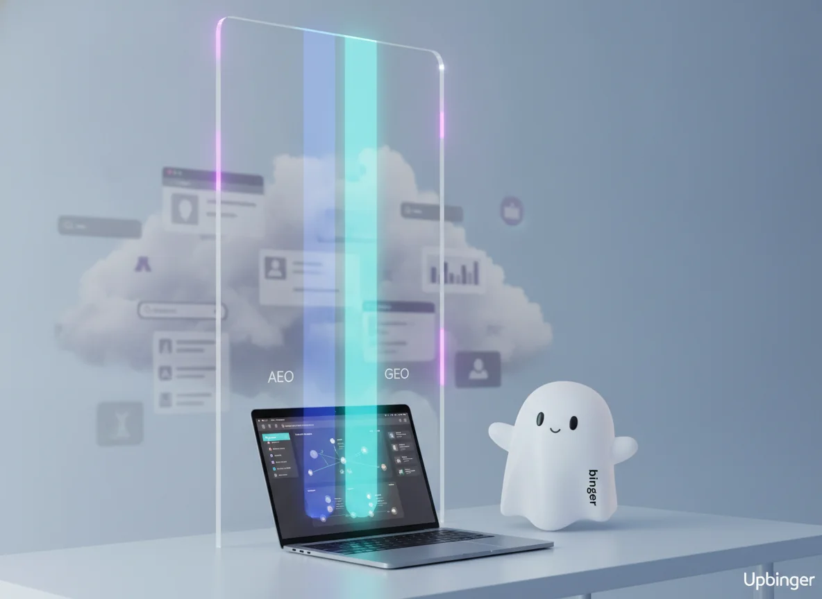 Conceptual illustration of AEO and GEO as primary filters in front of older SEO tactics, with two focused light streams labeled AEO and GEO passing through a digital portal into a laptop dashboard while older SEO elements remain in the background.