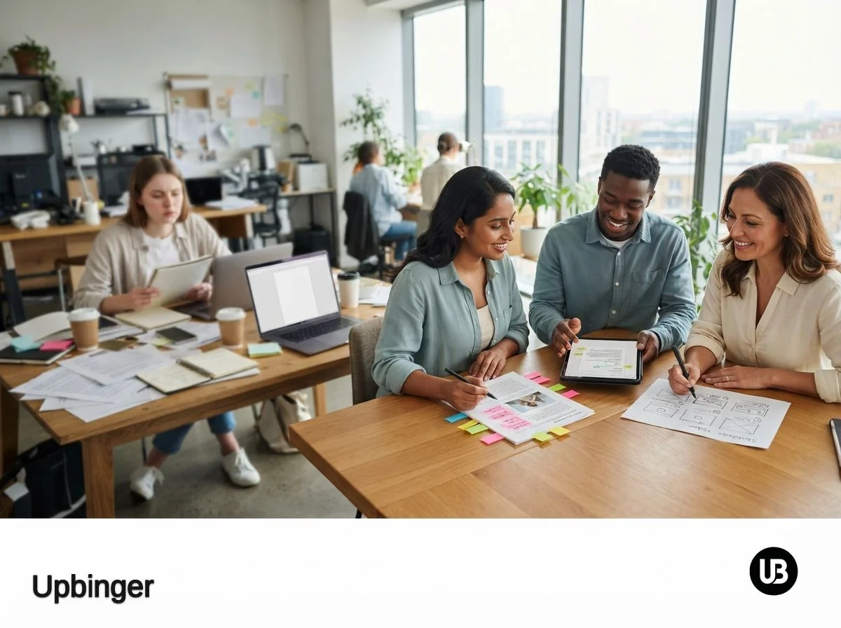 Content marketers in a bright office refining and remapping an existing article into new formats at a tidy table, contrasted with a nearby cluttered desk where a lone person struggles to start new content from scratch.