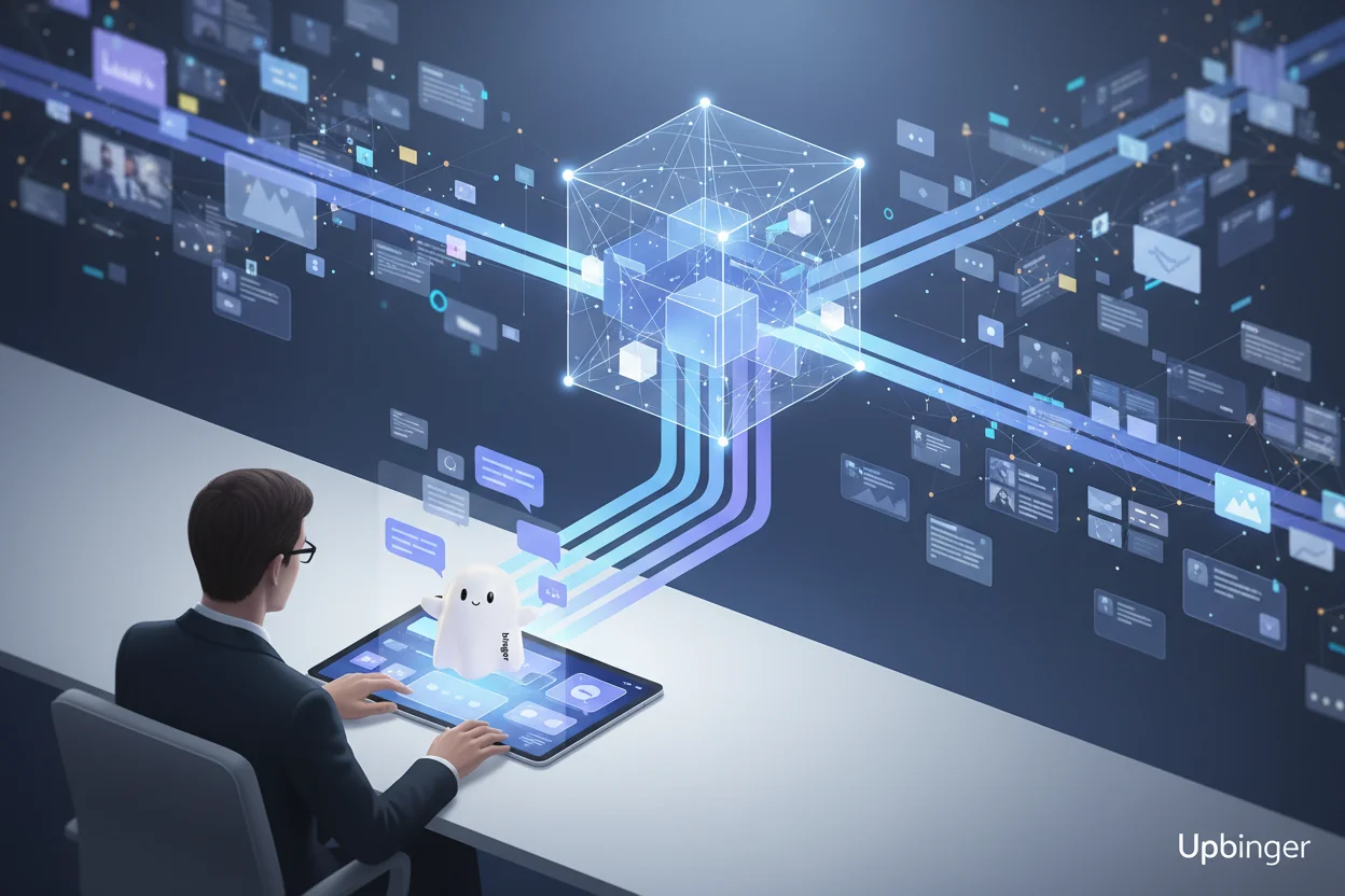 Editorial illustration of a person discovering information through a search interface where many web content sources are filtered through a glowing AI layer before becoming refined recommendations.