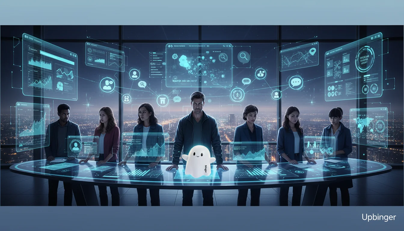 Futuristic enterprise marketing team in 2026 working at a curved holographic console that visualizes AI-driven content creation, SEO analytics, and AI answer engine outputs over a glowing city at night.
