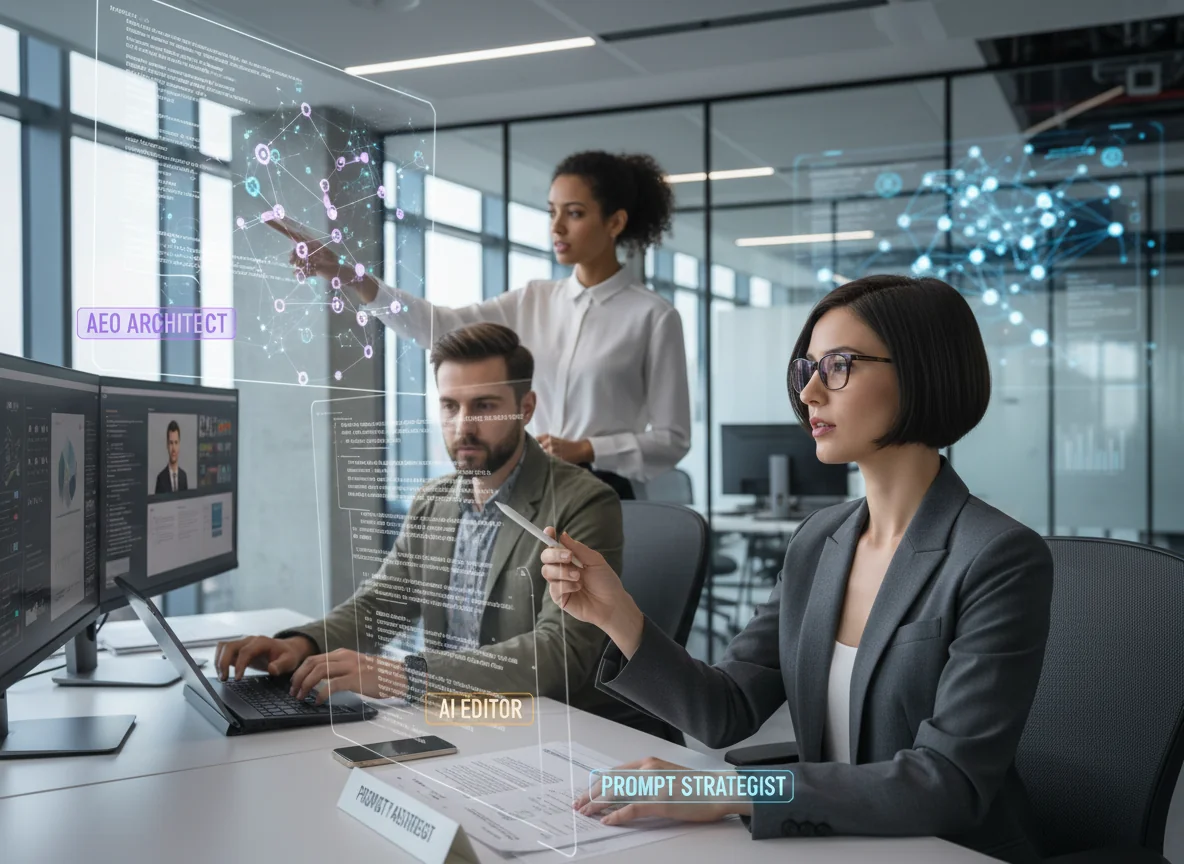 Visual for New Power Roles: Prompt Strategists, AI Editors, and AEO Architects