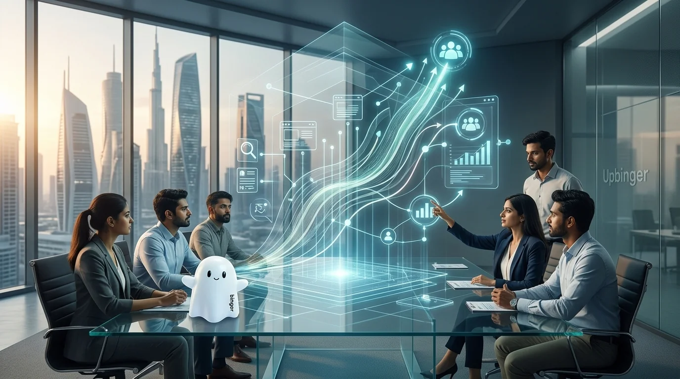A futuristic marketing team in a modern office uses AI-powered holographic search and content signals to drive strong organic traffic growth.