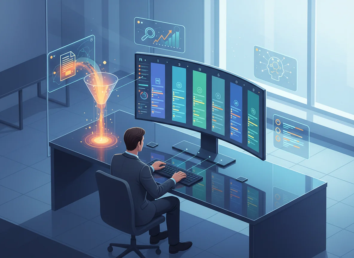Editorial illustration of a researcher in a modern office analyzing a dashboard that compares multiple AI content platforms across many test queries and capabilities.