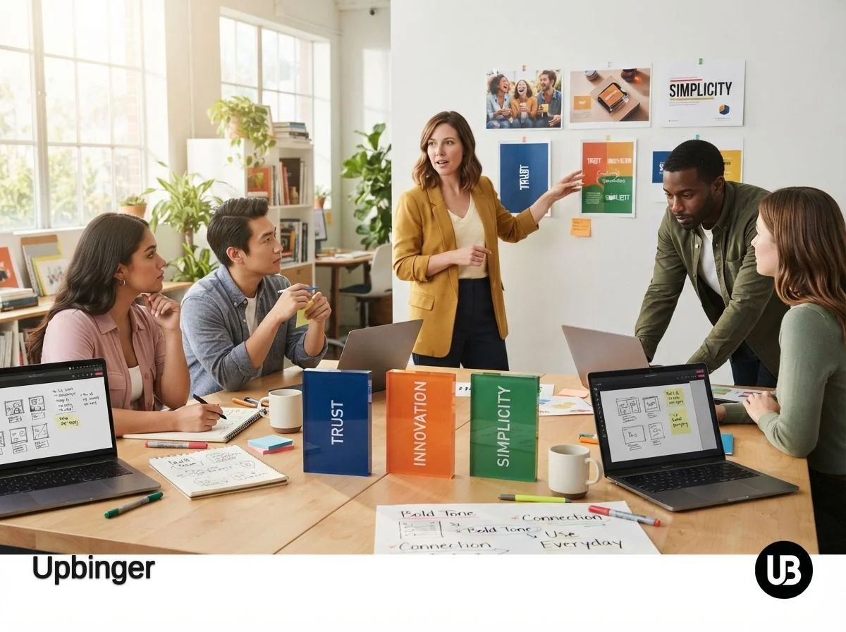 Marketing team gathered around a table where three labeled blocks representing brand pillars anchor a discussion, with varied ad mockups on the wall in the background.