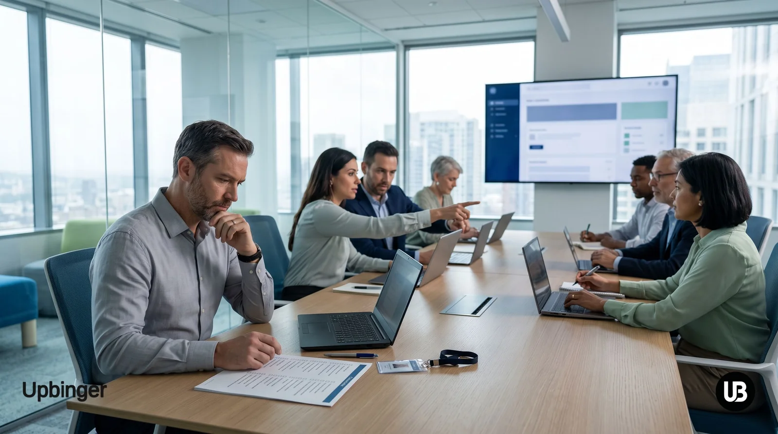 Enterprise security and marketing team in a bright conference room reviewing a printed security checklist and an AI SEO content platform on a large screen.