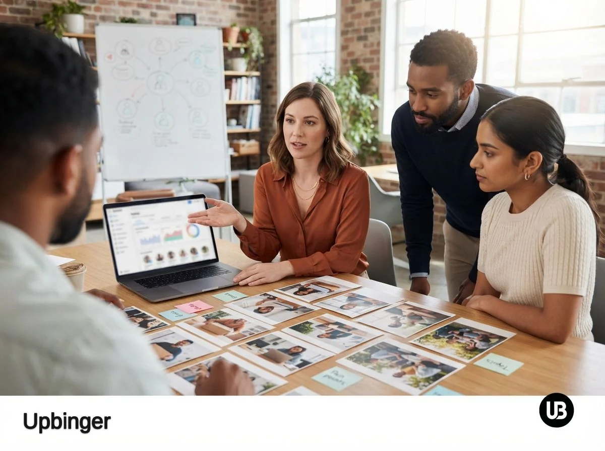Marketing team in a bright office closely examining social media audience photos and notes spread across a table, with a blurred analytics screen in the background.
