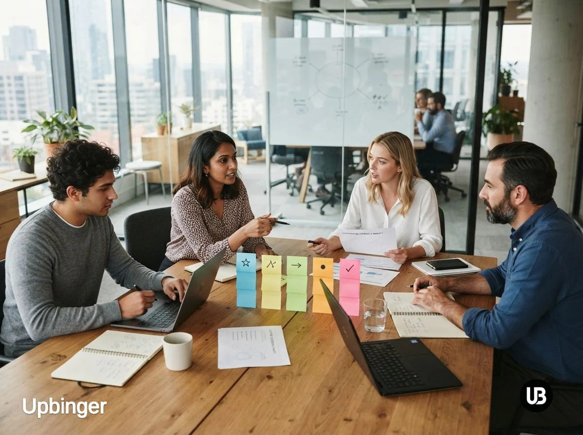 Marketing team in a modern office arranging a neat row of colorful pillar-like cards on a table, symbolizing the definition of a few core content pillars for an AI-led brand.