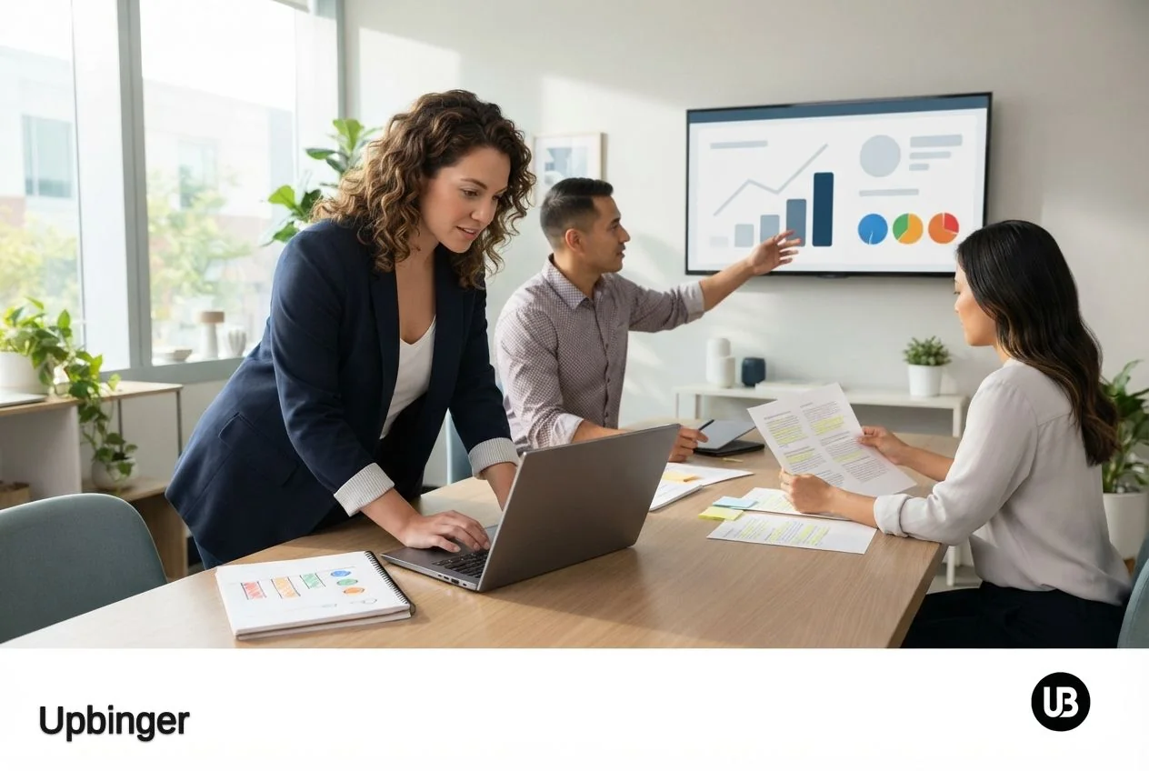 Marketing team in a modern office reviewing AI-generated content and high-level analytics on a large screen, visually emphasizing different types of performance metrics without showing any explicit data.