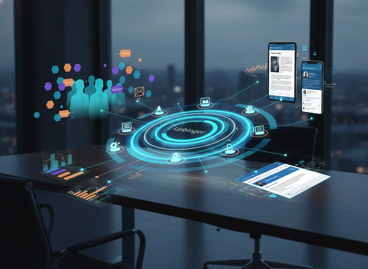 Futuristic editorial illustration of an AI content platform as a central digital hub coordinating content creation, optimization, and analytics across multiple channels.