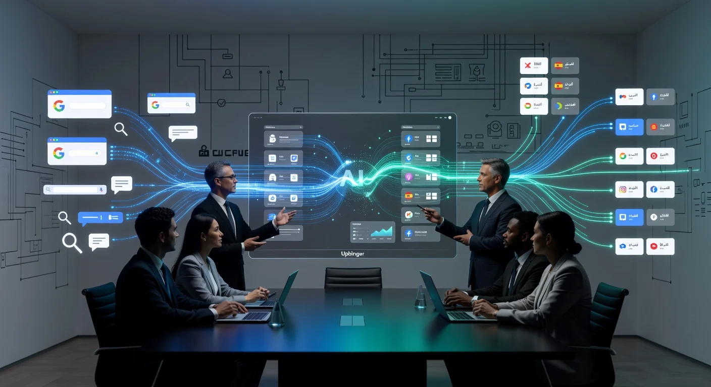 Futuristic enterprise team in a high-tech office collaborating around a floating AI content platform interface that orchestrates multi-channel and answer-focused digital content across global markets.