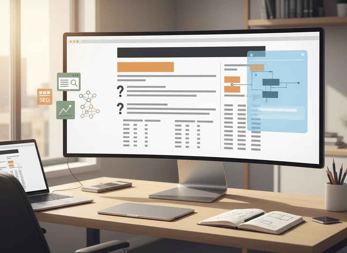 Editorial illustration of a content strategist’s desk with a computer screen showing a clearly structured web article while an AI assistant interface and SEO metrics float around it, symbolizing content optimized for both AI assistants and search rankings.