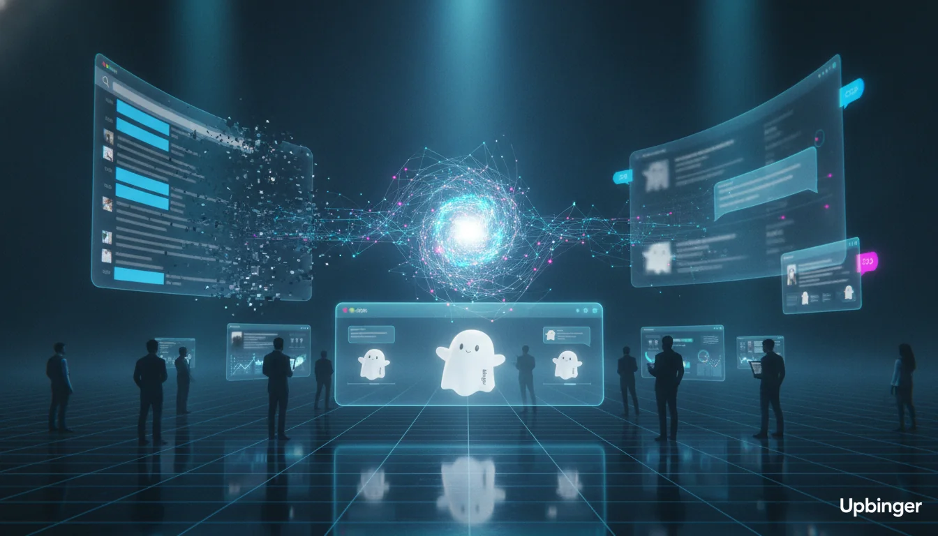 Futuristic digital landscape showing classic search results dissolving into a central AI engine that generates a single synthesized answer, symbolizing the shift from SEO to generative engine optimization.