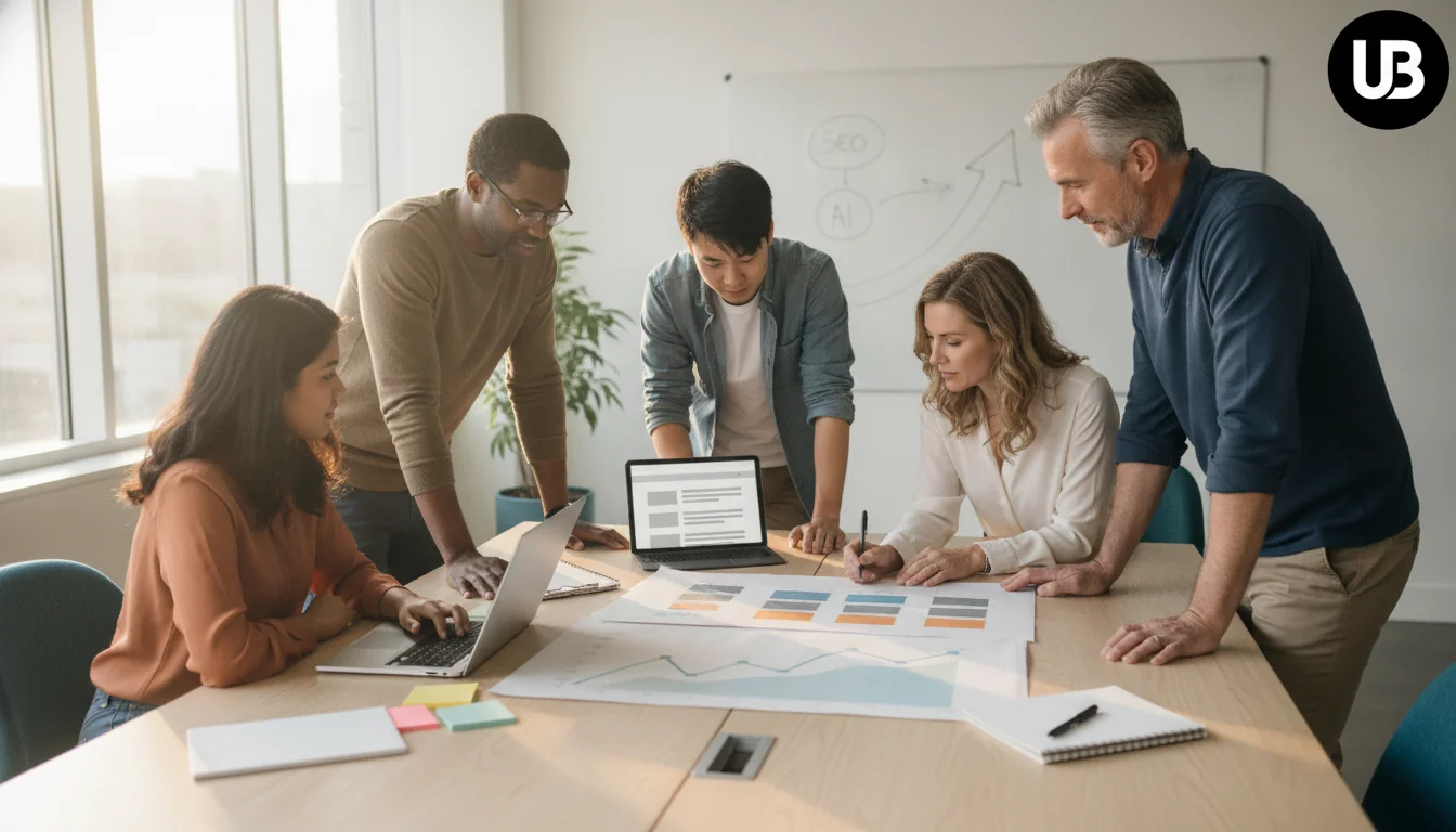 Marketing team collaborating around a table, studying a printed chart of rising content performance metrics in a bright modern office, symbolizing AI-driven content optimization and organic traffic growth.