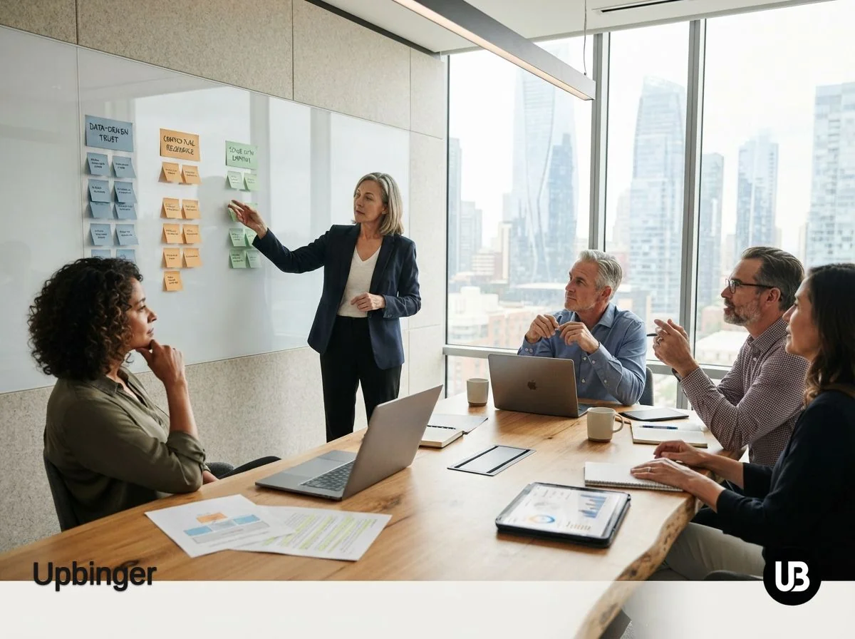 Marketing leaders in a modern conference room discuss three vertical columns of sticky notes on a board, symbolizing clearly defined enterprise brand pillars for an AI-first strategy.