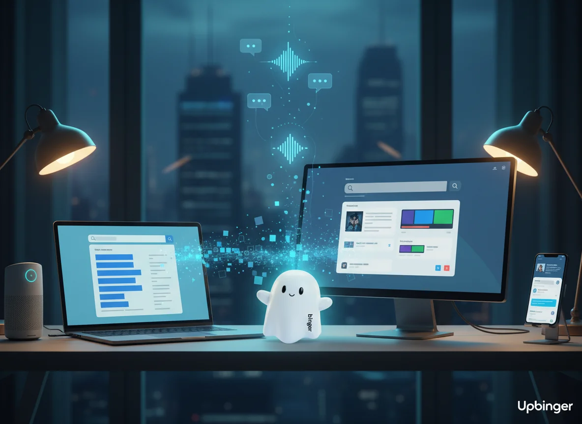 Illustrated comparison of a traditional search results screen and an AI assistant answer interface, connected by flowing data in a modern marketing workspace.
