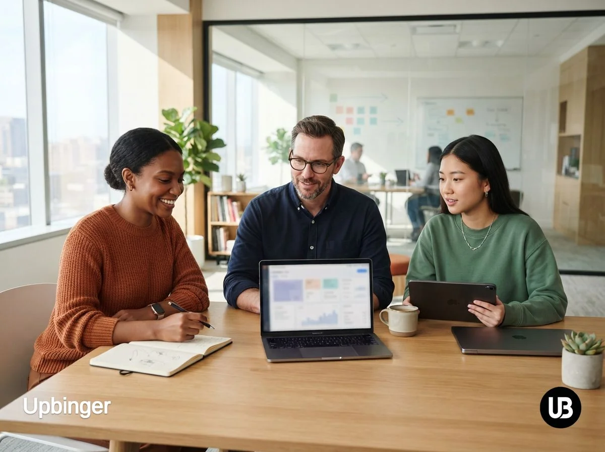 Small business marketing team collaborating around a table with laptops and tablets, evaluating AI SEO software in a bright modern office