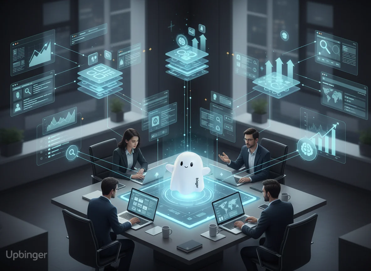 Editorial illustration of a business team gathered around a central AI search platform, with visual elements representing integrated features, usage volume, team access, analytics, scale, and expert support.