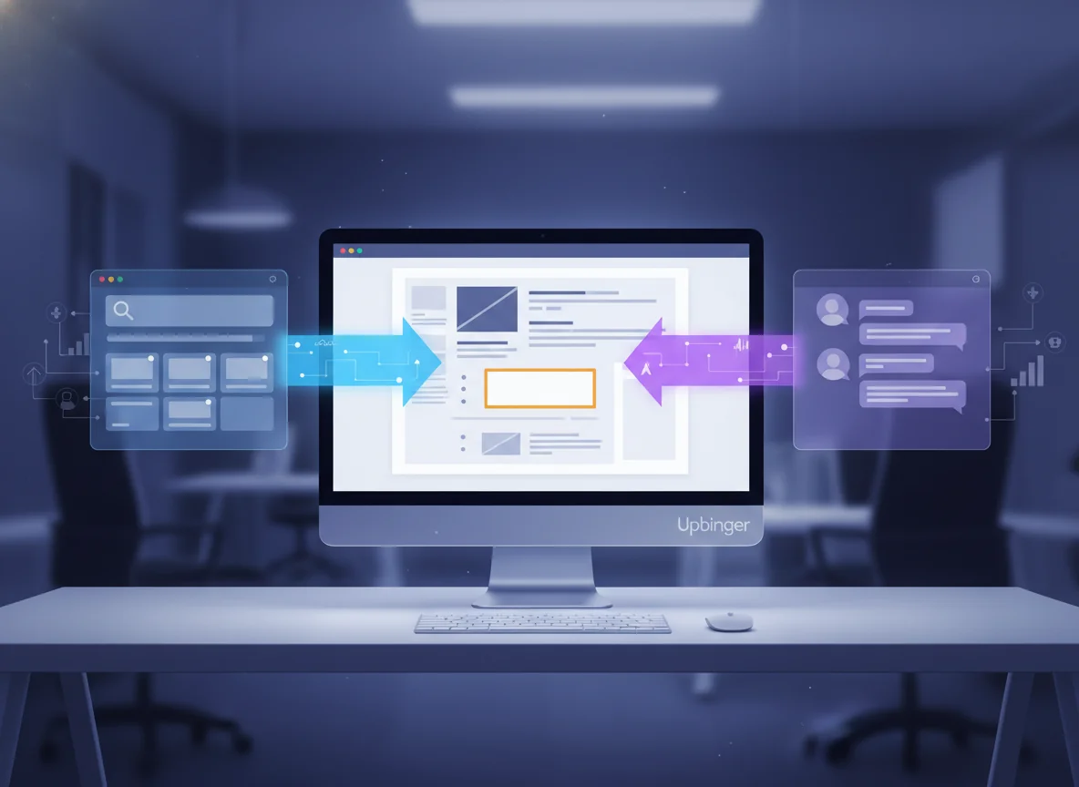 Editorial illustration of a central content screen feeding both a search results page and an AI chat interface, symbolizing a unified SEO and AEO strategy.