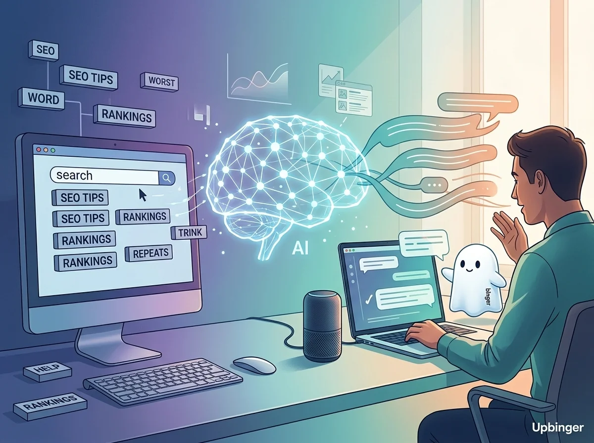 Editorial illustration of AI transforming rigid keyword-based search results into fluid, conversational queries as a user interacts with a modern AI-powered search interface.
