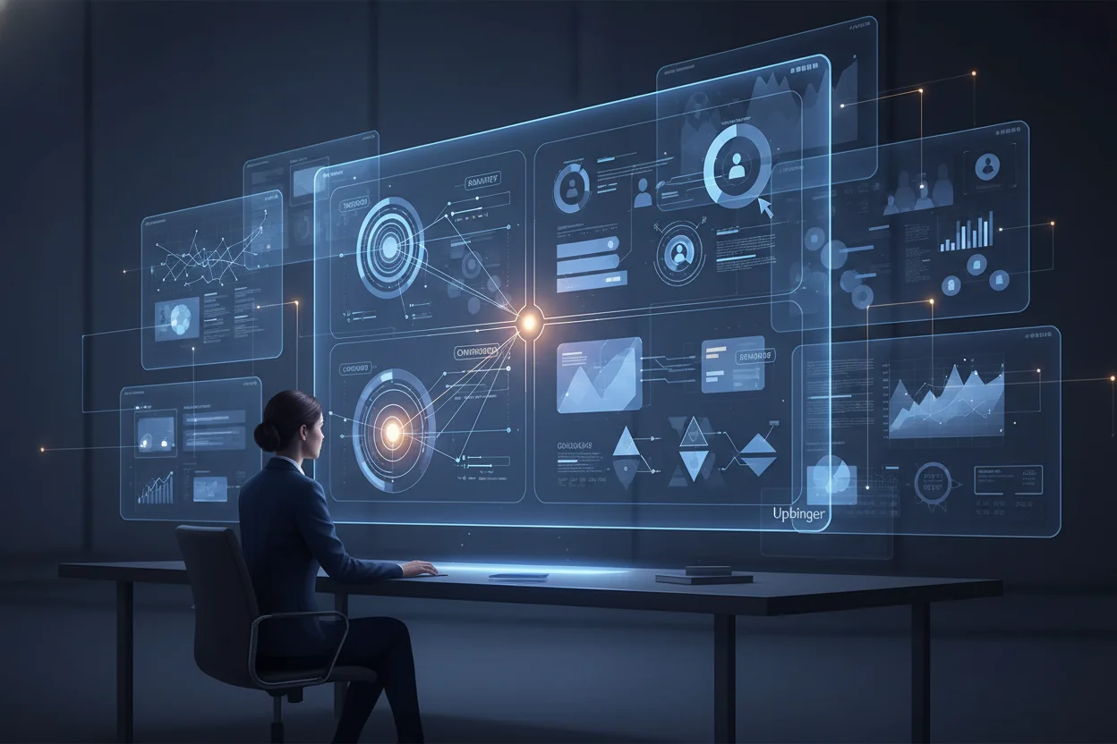 Editorial illustration of a content intelligence dashboard with four visual zones representing visibility, engagement, conversion, and efficiency, viewed in a modern analytics workspace.