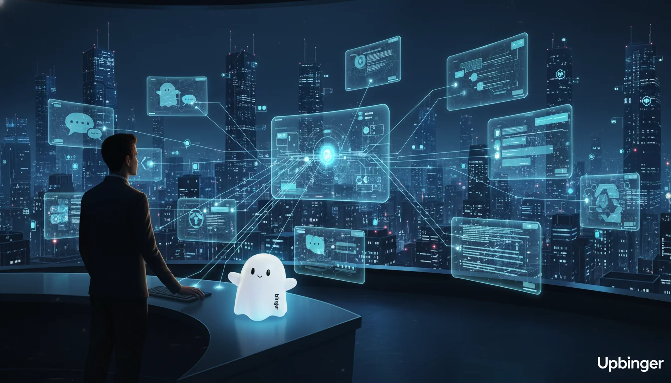 Futuristic control room overlooking a glowing AI-powered city, where a marketer directs streams of data into multiple chat-style answer interfaces, symbolizing brands optimizing for AI answer engines in 2026.