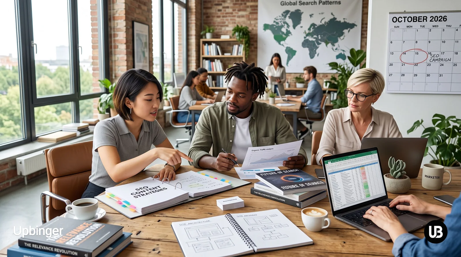 Marketing team in a modern office collaborating around laptops and screens that show abstract interfaces, representing the use of generative AI tools for SEO in 2026.