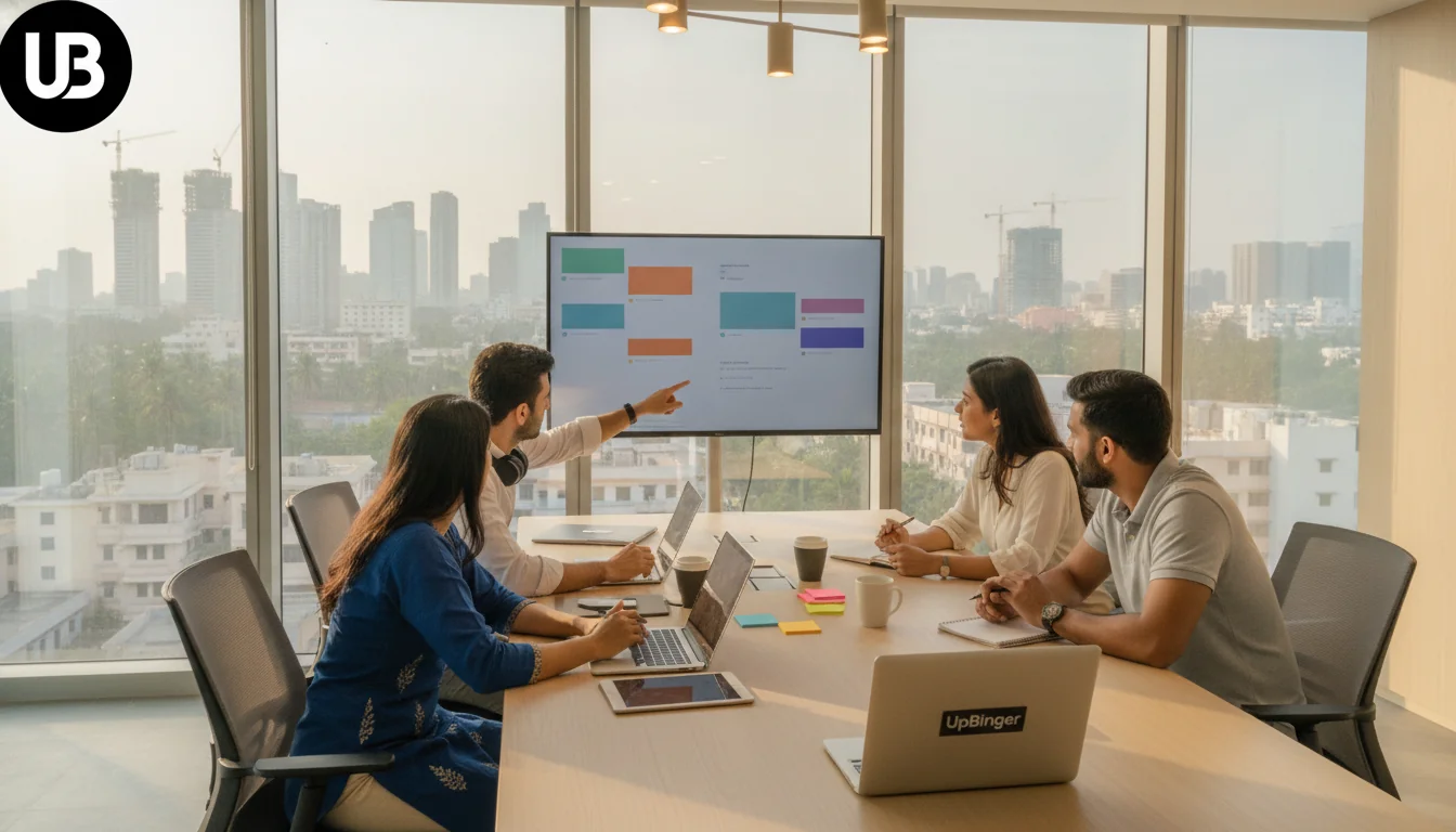 International marketing team in a modern Indian office collaborating around a table with laptops and a large screen, city skyline in the background, conveying global content strategy work